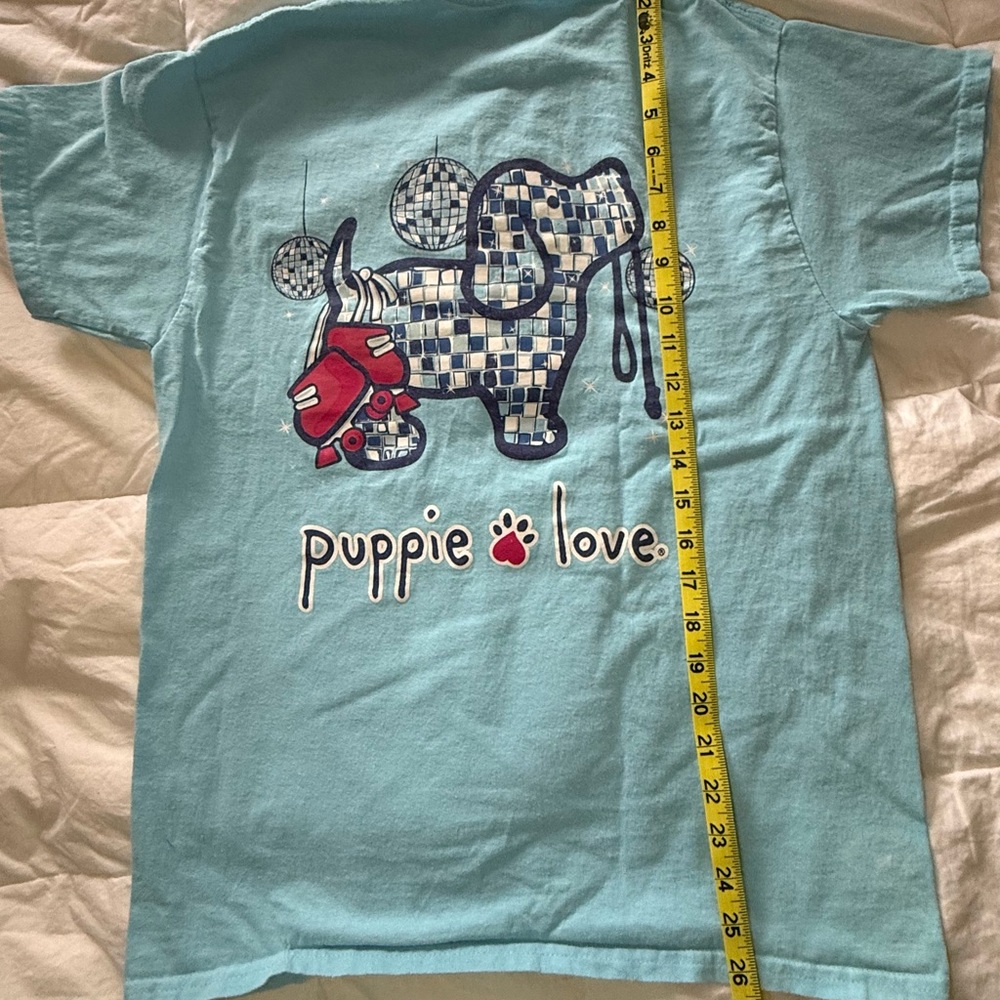 Puppie Love Adult Size M Aqua Graphic Tee 100% Cotton Dog Lover